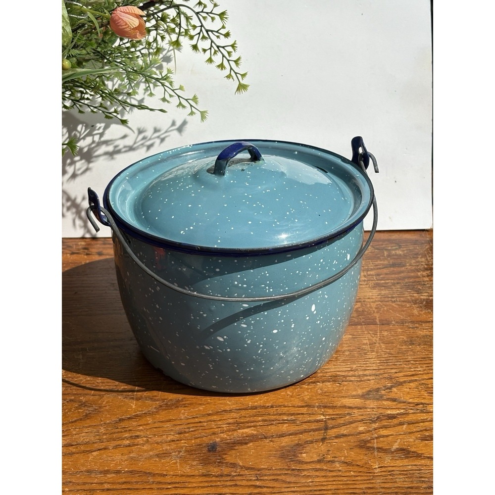 Vintage Blue Speckled Enamelware Pot with Lid Bail Handle Graniteware Farmhouse